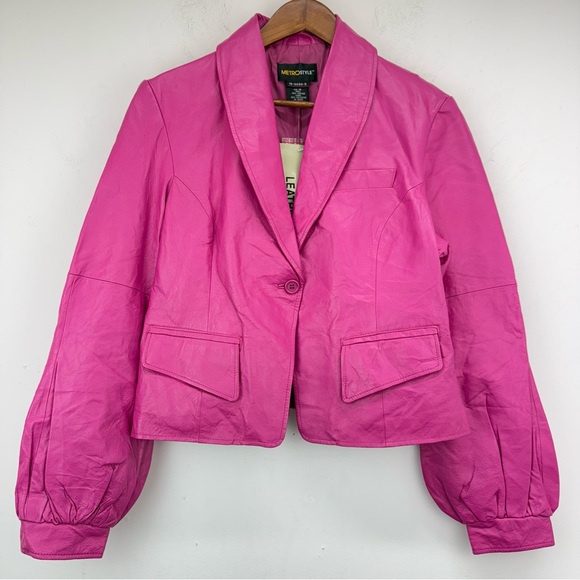 Metrostyle size 16 Women’s Pink Leather Puff Sleeve Single Button Jacket - Picture 1 of 7